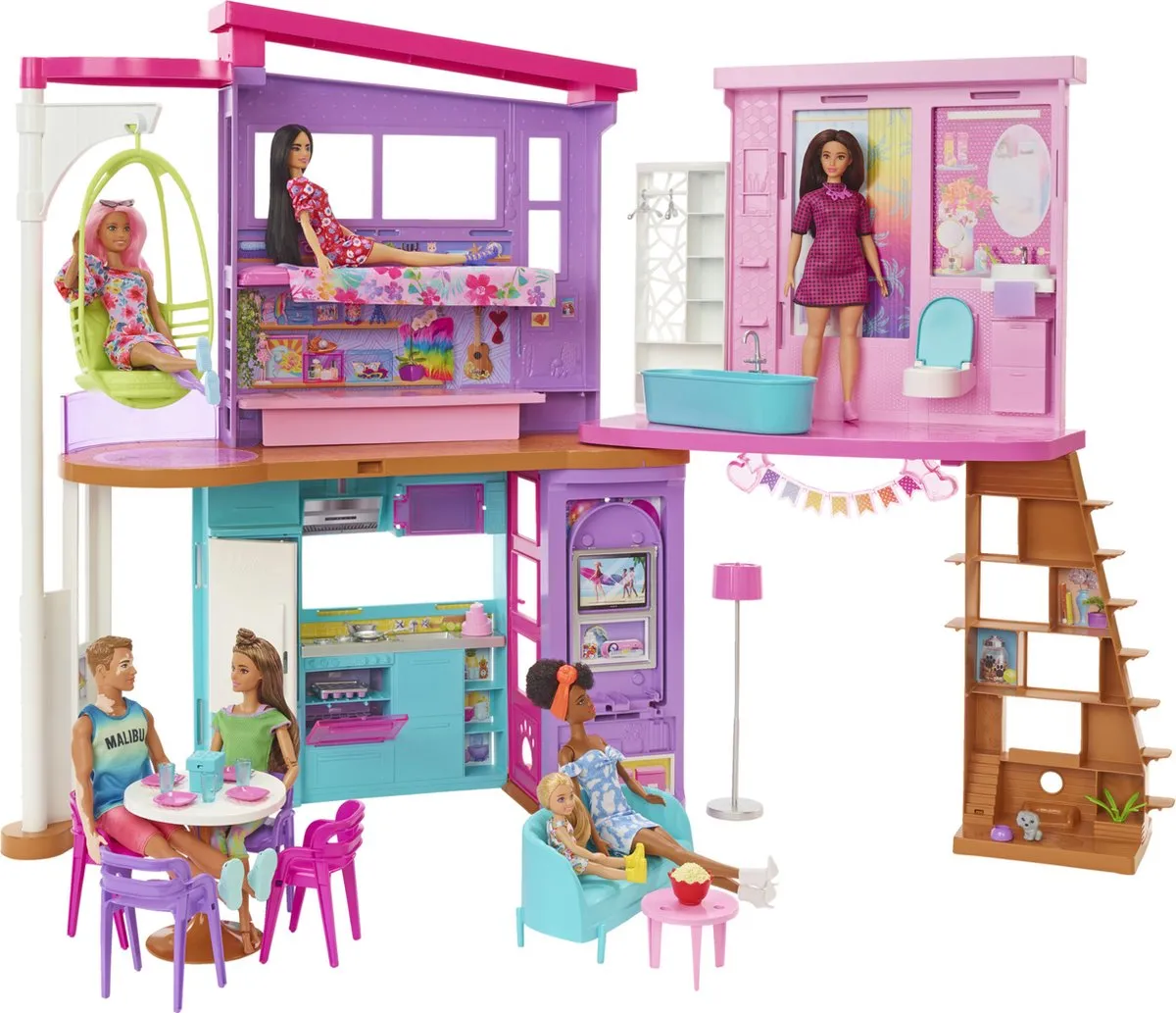 Barbie Malibu Huis met 3 Verdiepingen - Modepop - 8 Meubels
