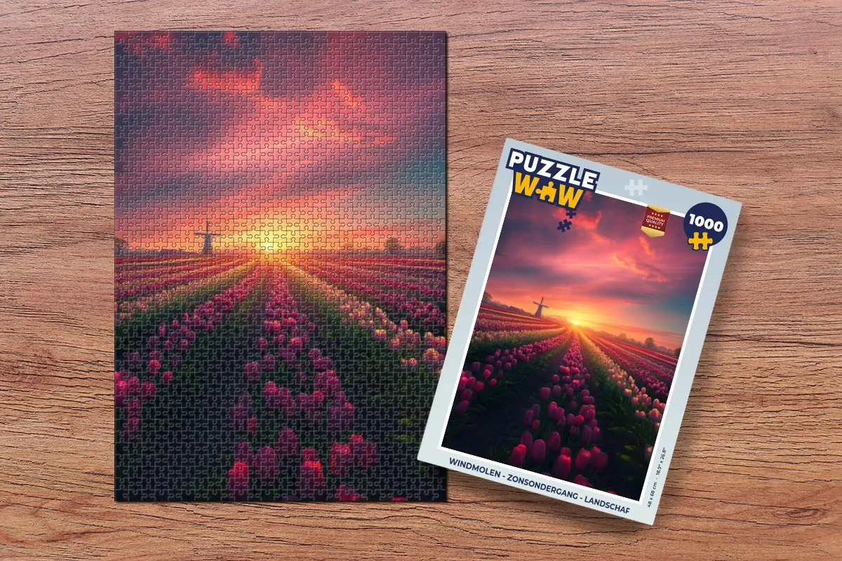 PuzzleWow Windmolen Zonsondergang Legpuzzel 1000 Stuks - Bloemen/Rozep