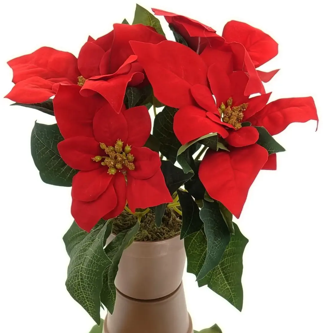 Kaemingk Poinsettia zijde pot d16x27cm kerstrood - afbeelding 3 van 3