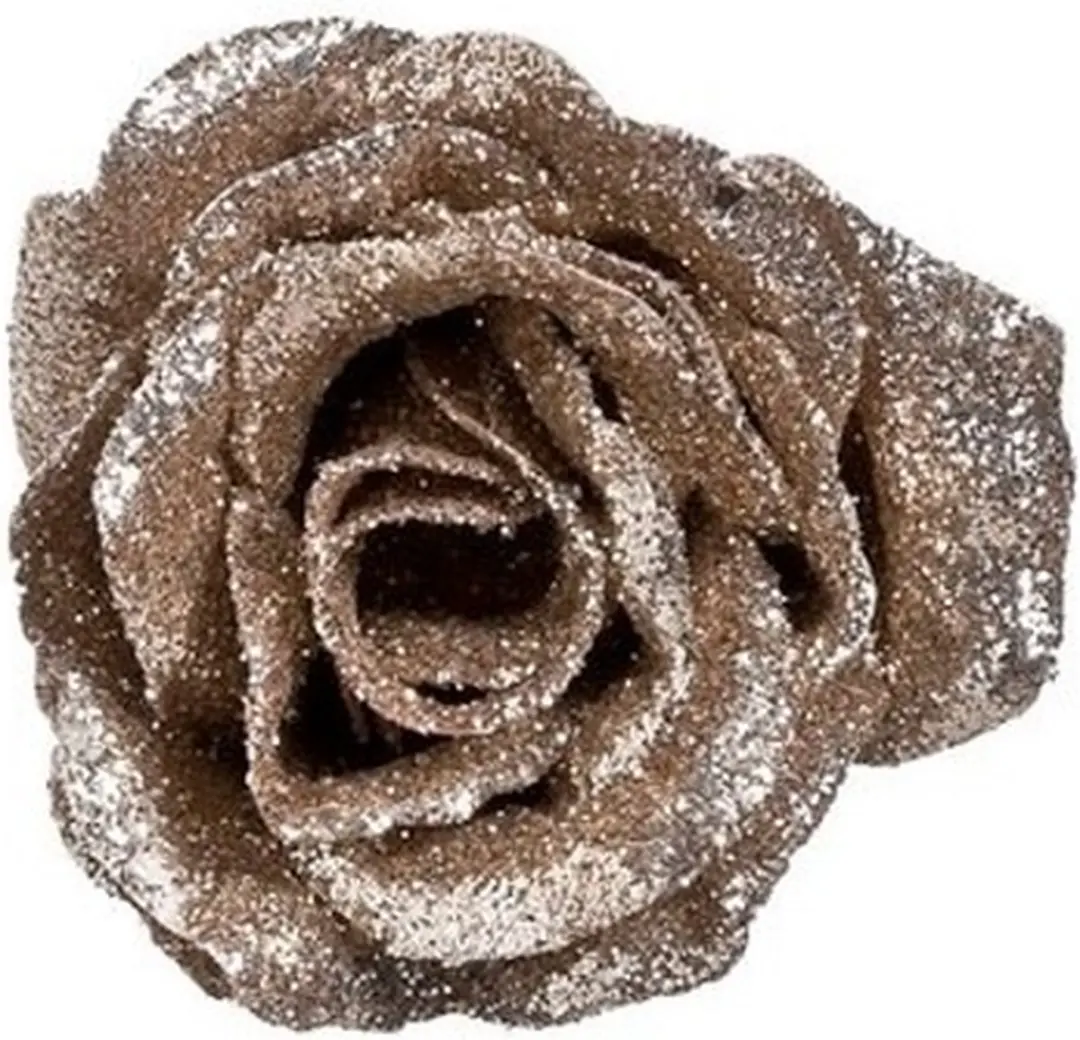 Champagne roos met glitters op clip 7 cm