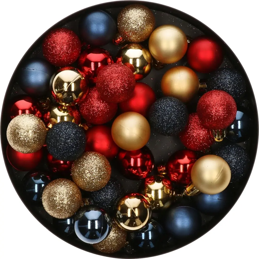 42x Stuks kunststof kerstballen mix rood/goud/donkerblauw 3 cm