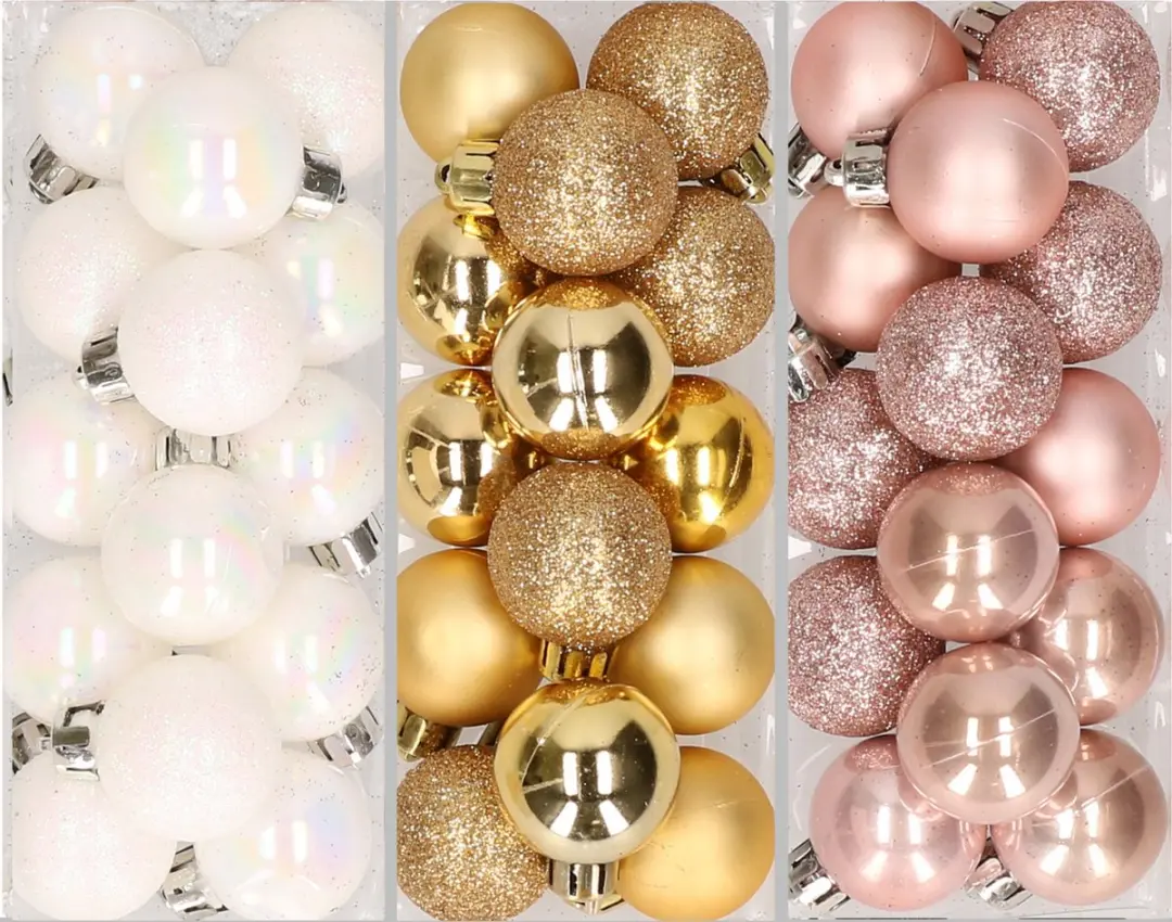 42x stuks kleine kunststof kerstballen goud, lichtroze en parelmoer wit 3 cm