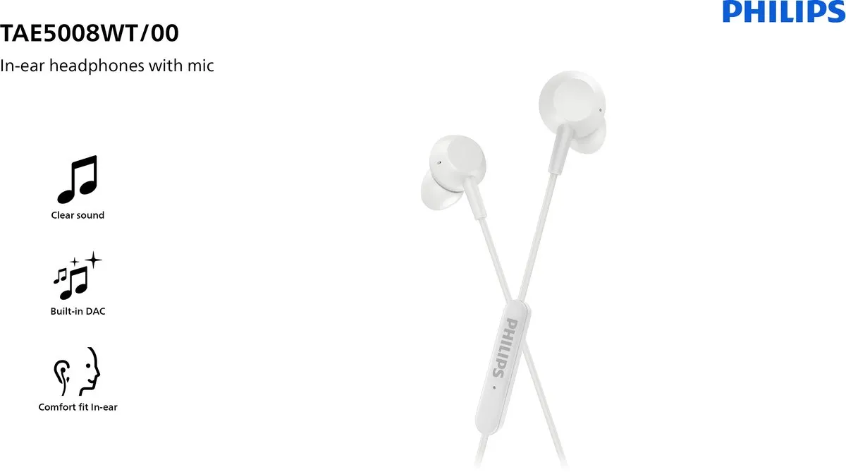 PHILIPS TAE5000 In-ear Hoofdtelefoon met Microfoon | Lichtgewicht Bedraad | USB-C | 1,2 m Kabel | Afstandsbediening 3 Knoppen | 3 Maten Oordopjes | Comfortabele | Helder Geluid en Krachtige Bass | Wit