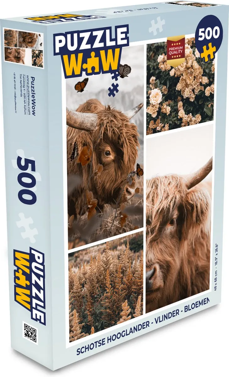 PuzzleWow Schotse Hooglander Vlinder Bloemen Legpuzzel 500 Stuks