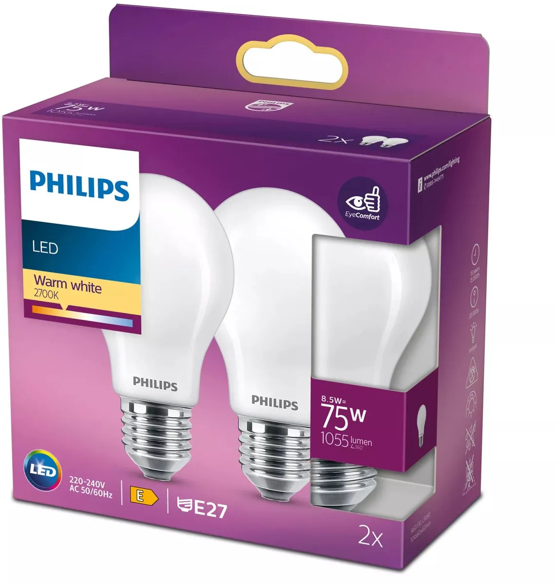 Philips LED E27 Warmwit 8.5W Mat Glas - 2 Stuks