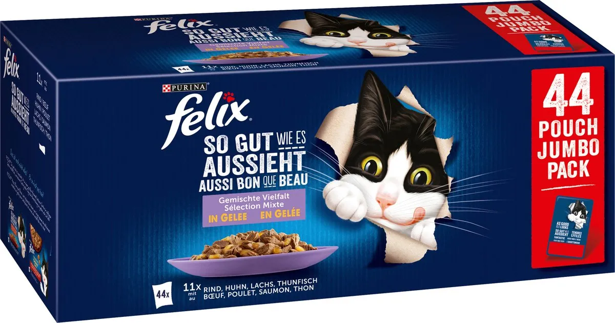 Purina felix Katten natvoer met rund, kip, zalm & tonijn, gemengde variatie Multipack (44x85 g), 3.74 kg