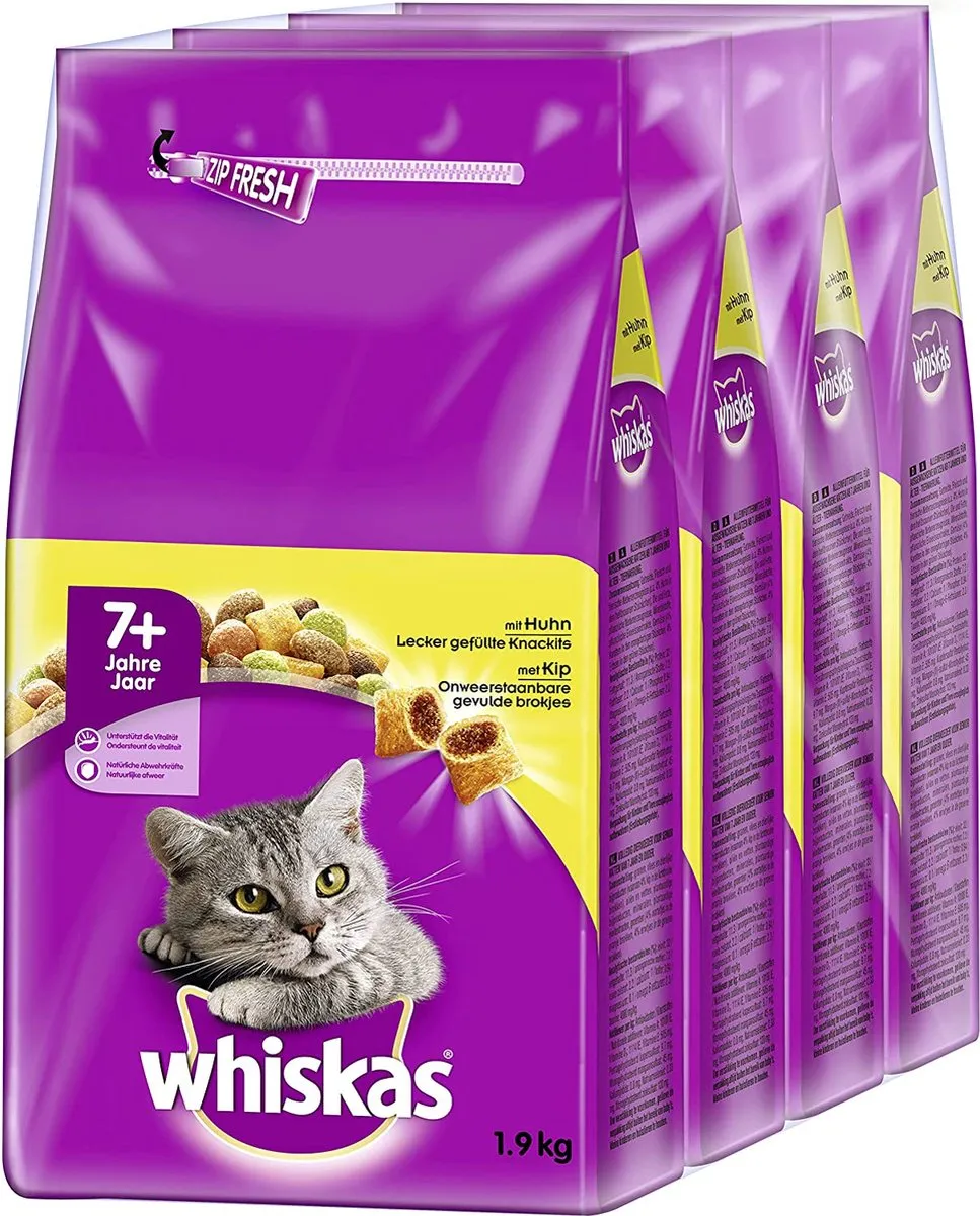 Whiskas kattenvoer droogvoer Senior 7+ met kip, verschillende pakketten, kip, 6 x 1,9kg