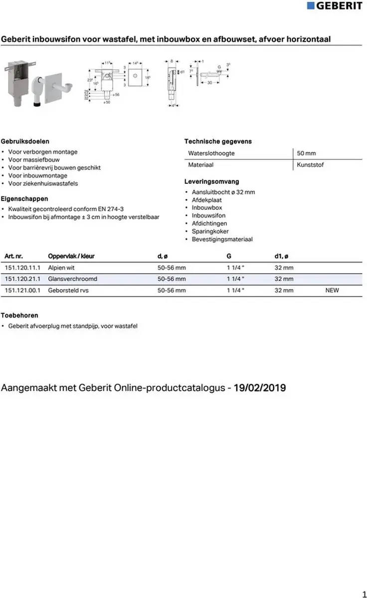 Geberit Inbouwsifon Wst, Inb.box En Afb:d=50Mm,G=1 1/4'',Geb.rvs