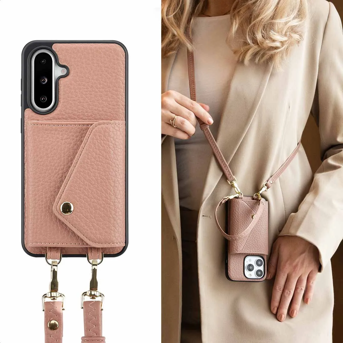 Selencia Hoesje - Geschikt voor Samsung Galaxy A36 / A56 (5G) - Sera Koordhoes met pashouder envelop - Old Pink