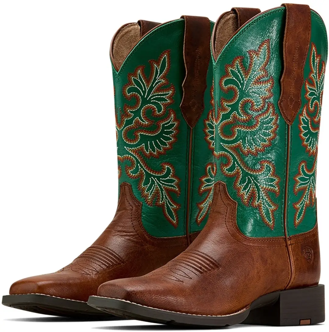 Ariat ROUND UP WIDE SQUARE TOE STRECHFIT laarzen bruin groen