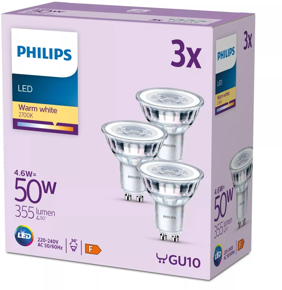 Philips LED Spot GU10 4.6W Warmwit - 3 Stuks