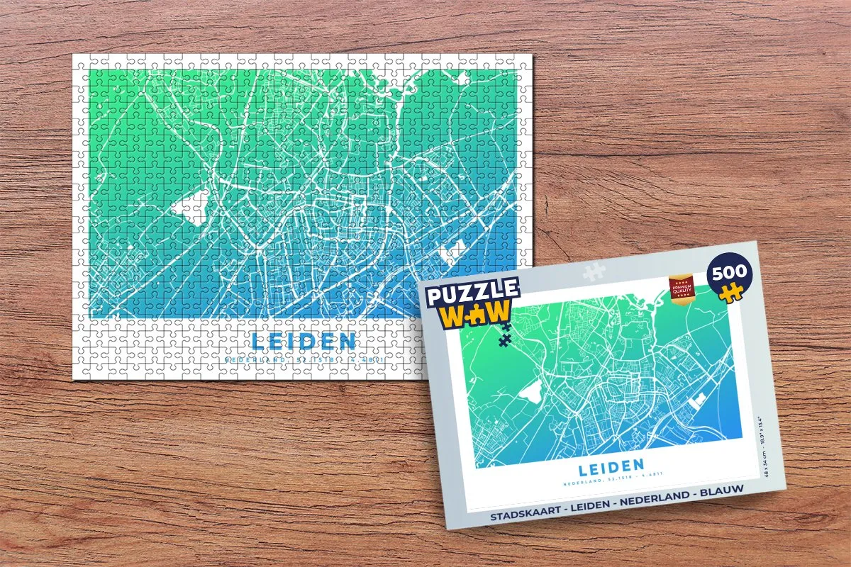 PuzzleWow Stadskaart Leiden Nederland Legpuzzel 500 Stuks - Blauw
