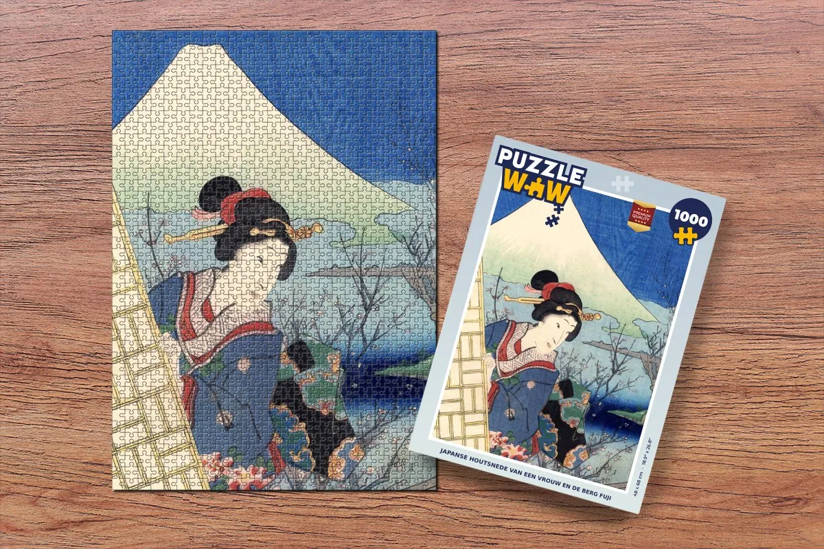 PuzzleWow Legpuzzel Japanse Houtsnede Vrouw & Fuji 1000 Stuks - Multicolor
