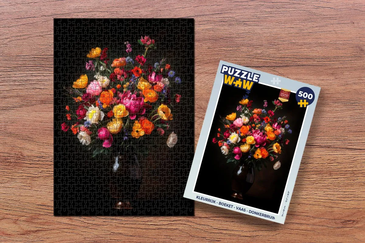 PuzzleWow Kleurrijk Boeket Vaas Legpuzzel 500 Stuks - Donkerbruin