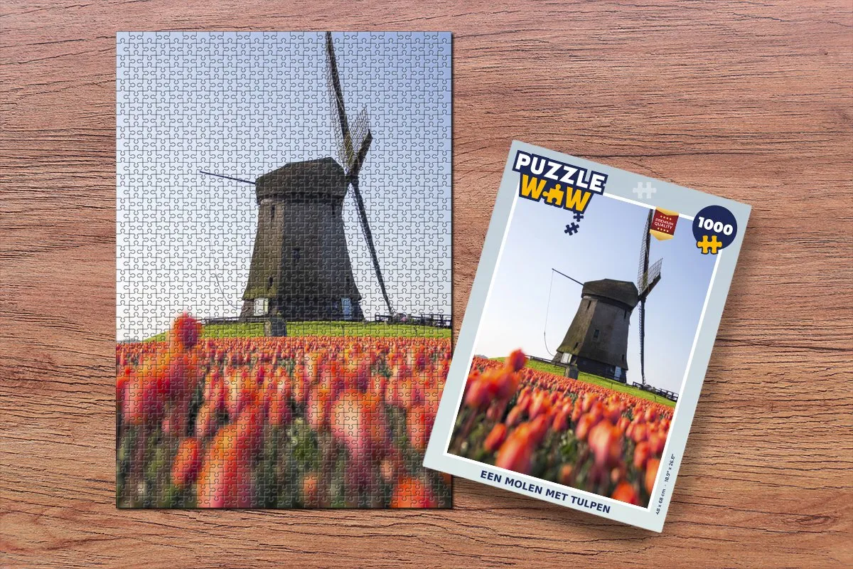 PuzzleWow Legpuzzel Een molen met tulpen 1000 Stuks - Multicolor