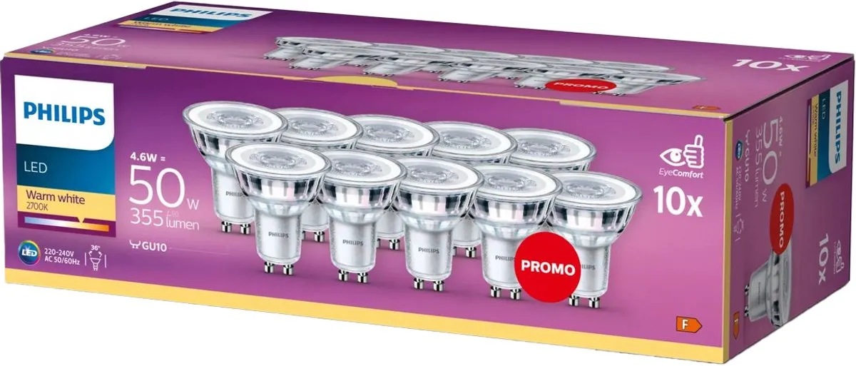 Philips LED Spot GU10 4.6W Warmwit - 10 Stuks