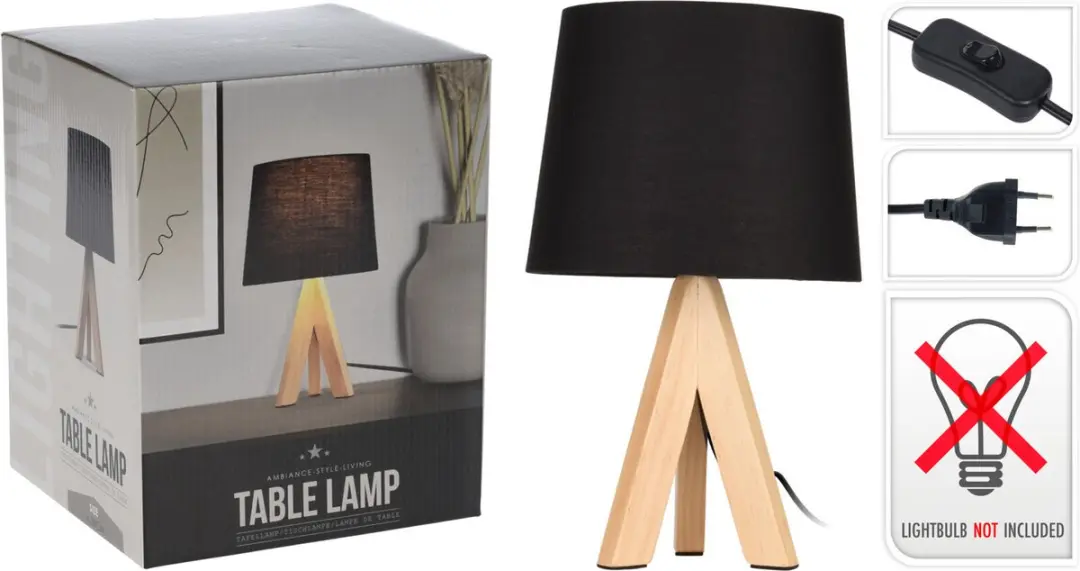 Excellent Houseware Koopmann Tafellamp zwart met houten poten - afbeelding 2 van 5