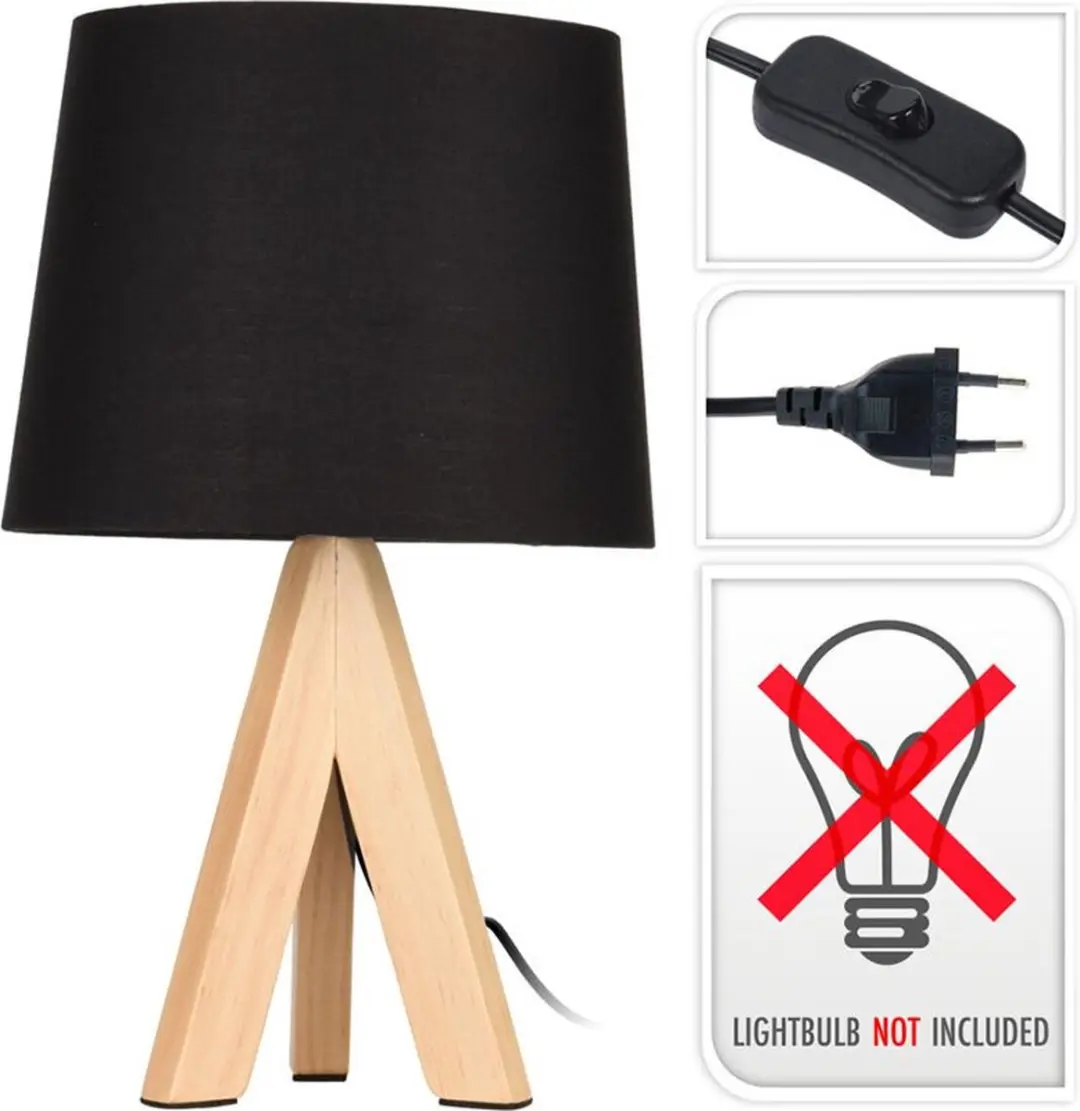 Excellent Houseware Koopmann Tafellamp zwart met houten poten - afbeelding 5 van 5