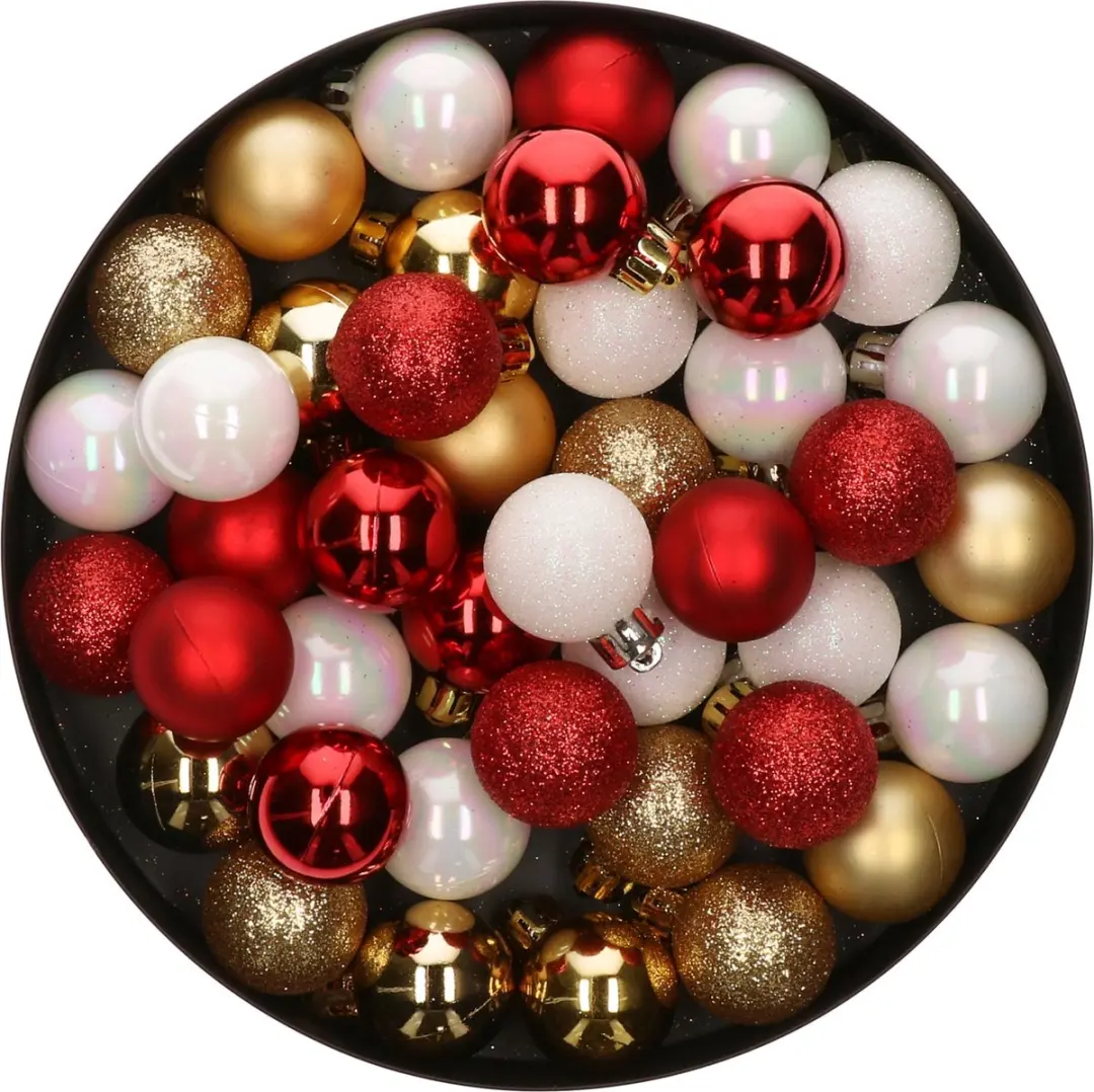 42x Stuks kunststof kerstballen mix wit/goud/rood 3 cm