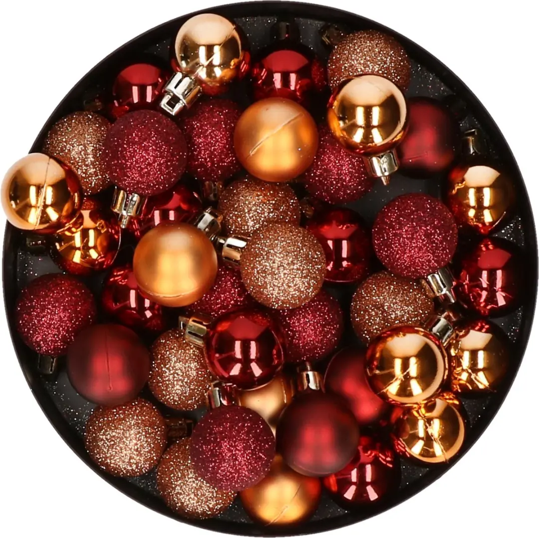 Kleine kerstballen - 40x st - donkerrood/koper - D3 cm - kunststof - kerstversiering
