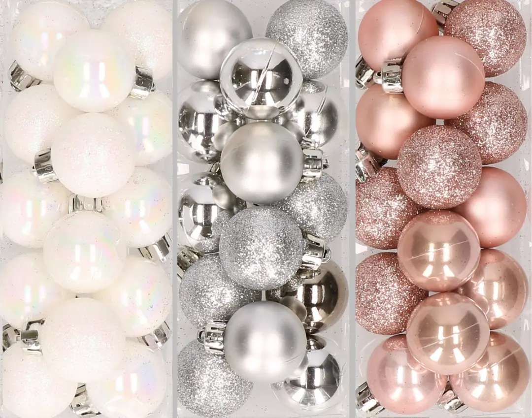42x stuks kleine kunststof kerstballen zilver, parelmoer wit en lichtroze 3 cm