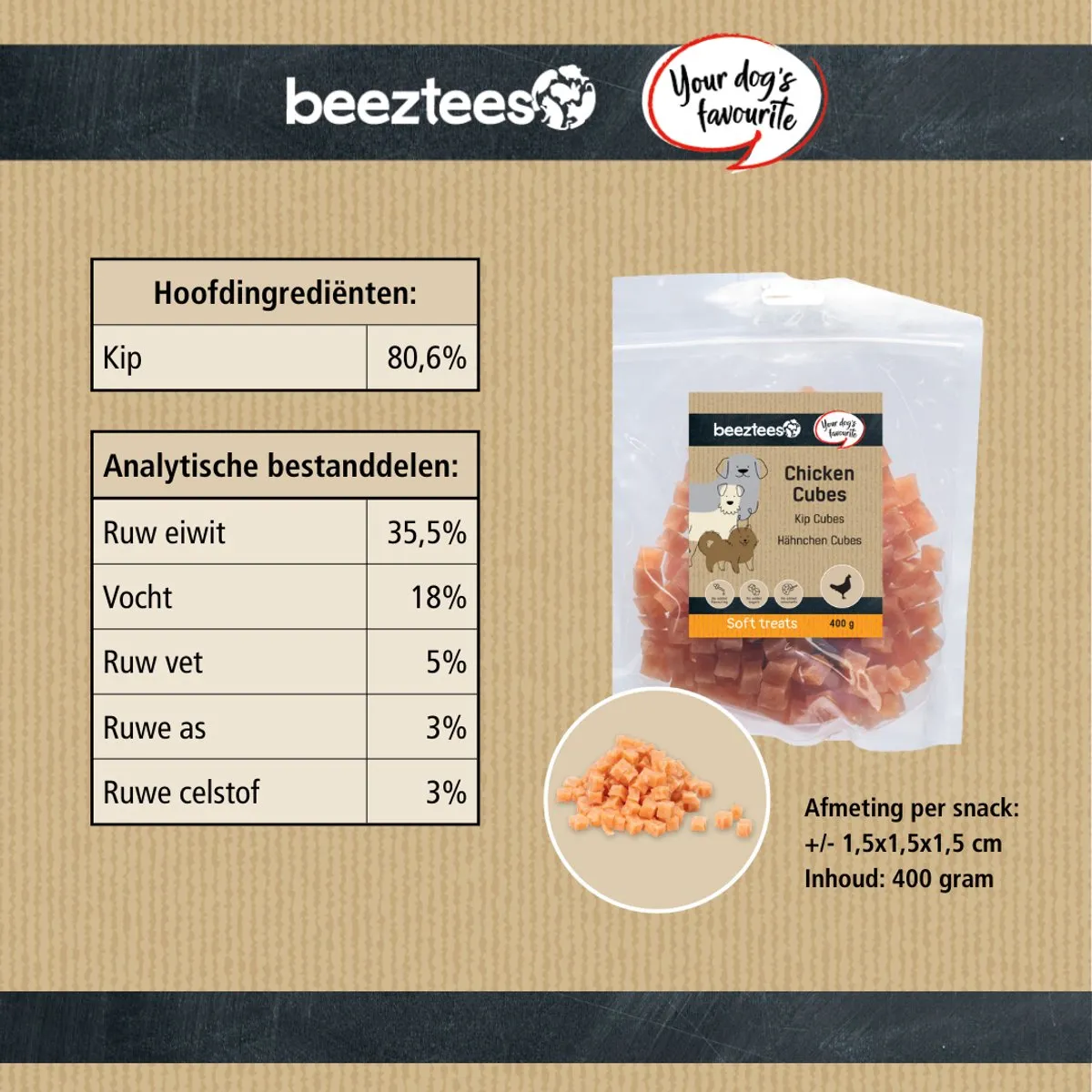 Beeztees Tasty Treats Kip Cubes Hondensnacks 400g