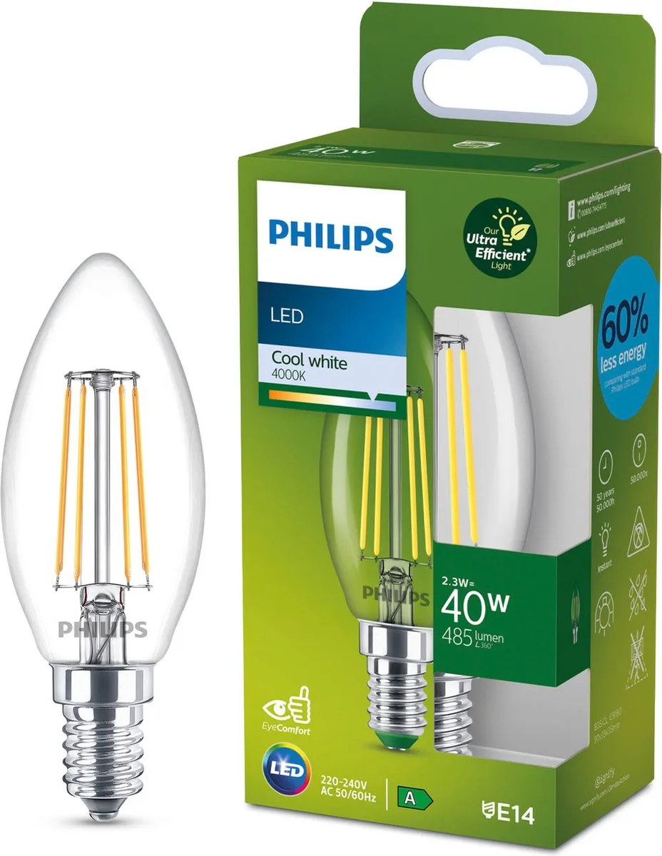 Philips Ultra Efficient LED Kaarslamp E14 2.3W