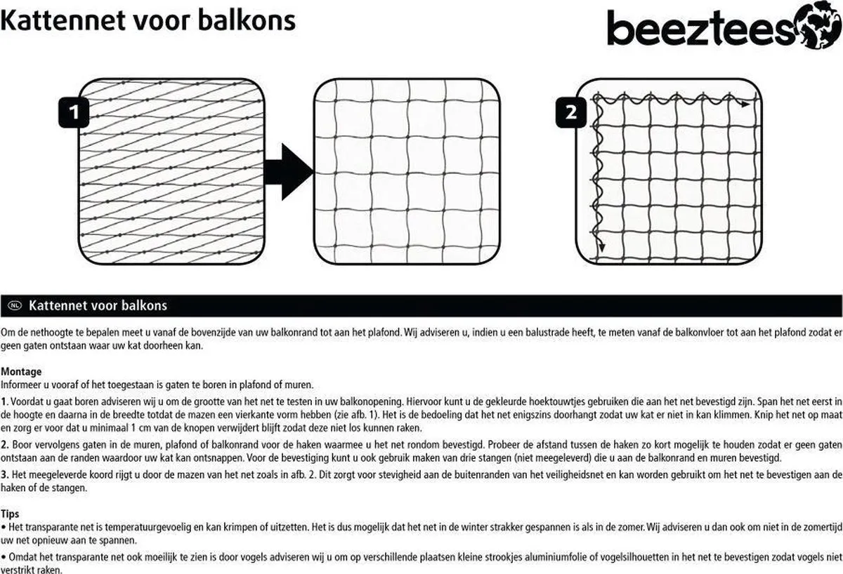Beeztees Kattennet Balkon 8x3m Transparant