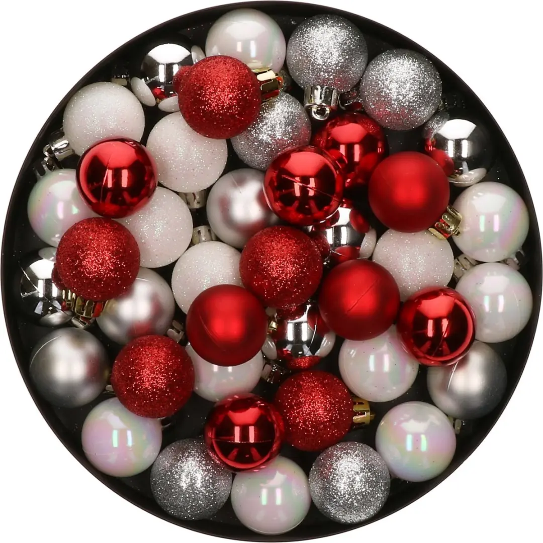 42x Stuks kunststof kerstballen mix wit/zilver/rood 3 cm