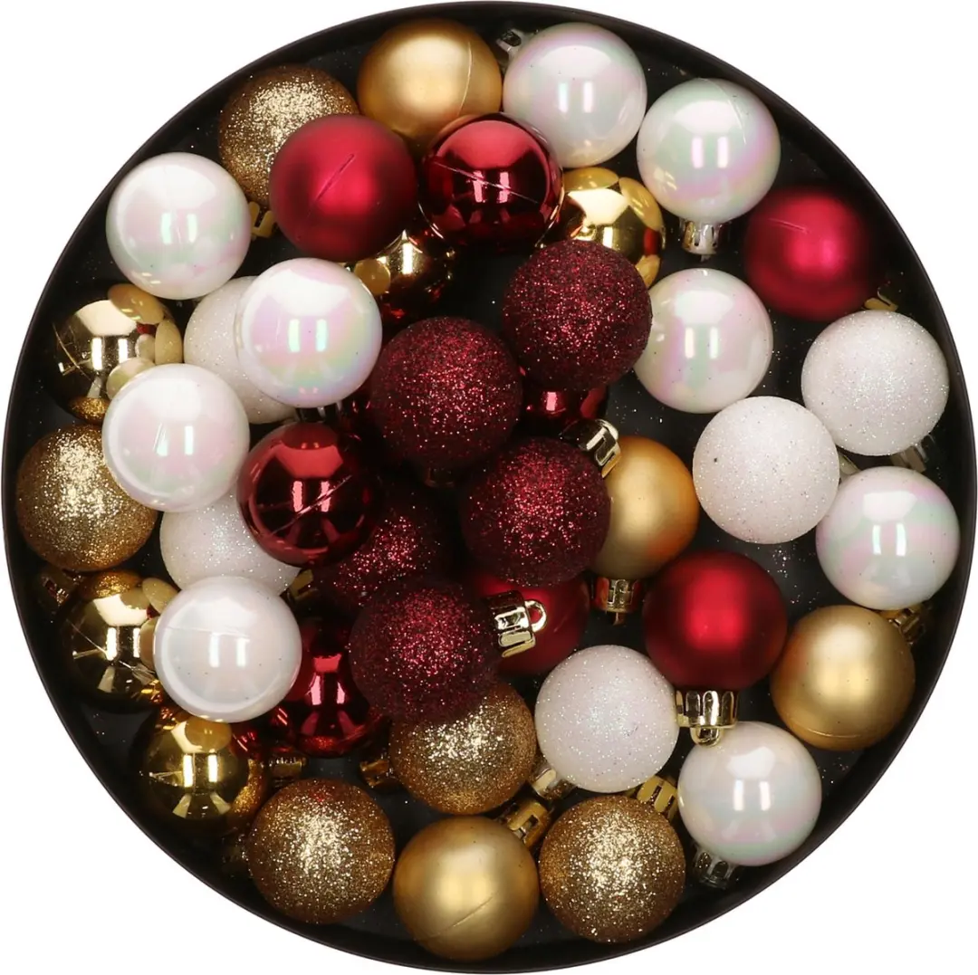 42x Stuks kunststof kerstballen mix wit/goud/donkerrood 3 cm