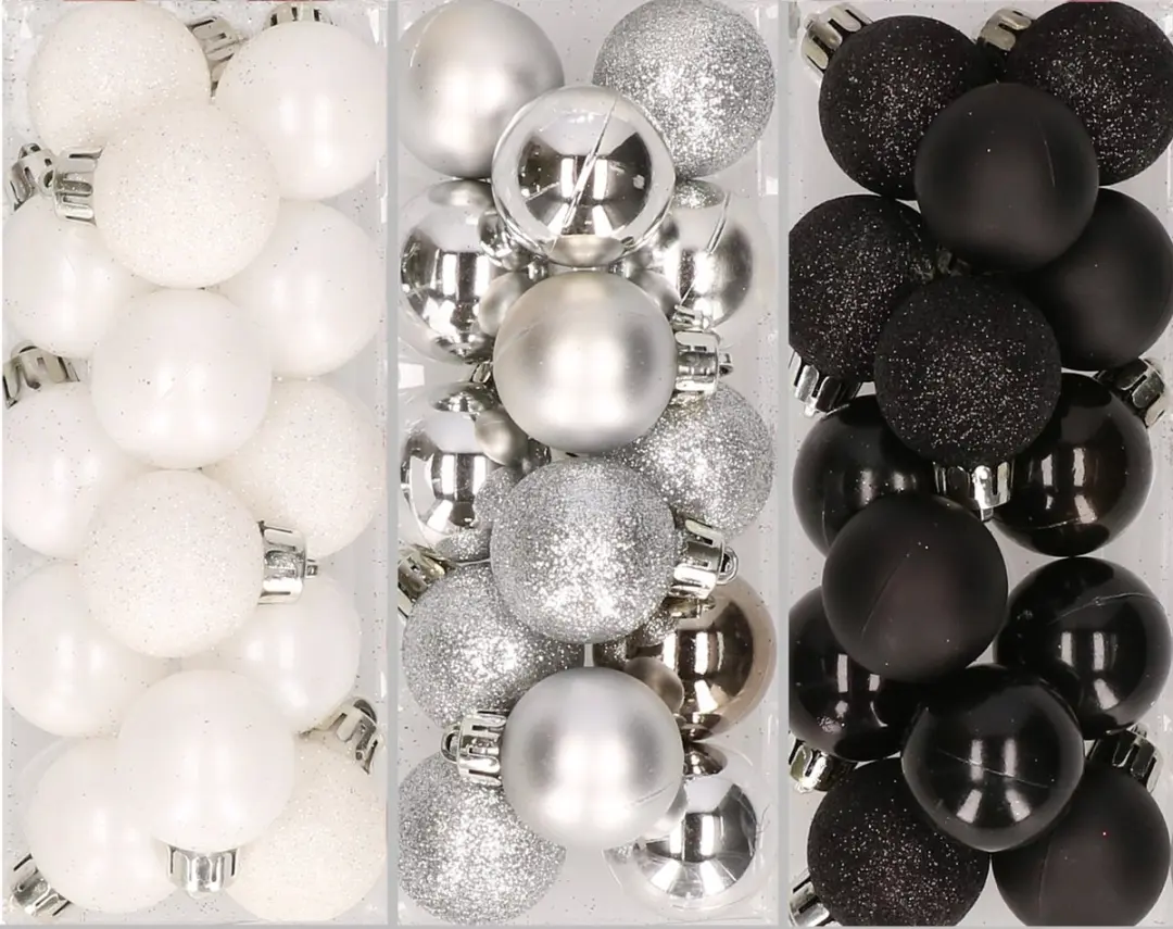 42x Stuks kunststof kerstballen mix zwart/zilver/wit 3 cm