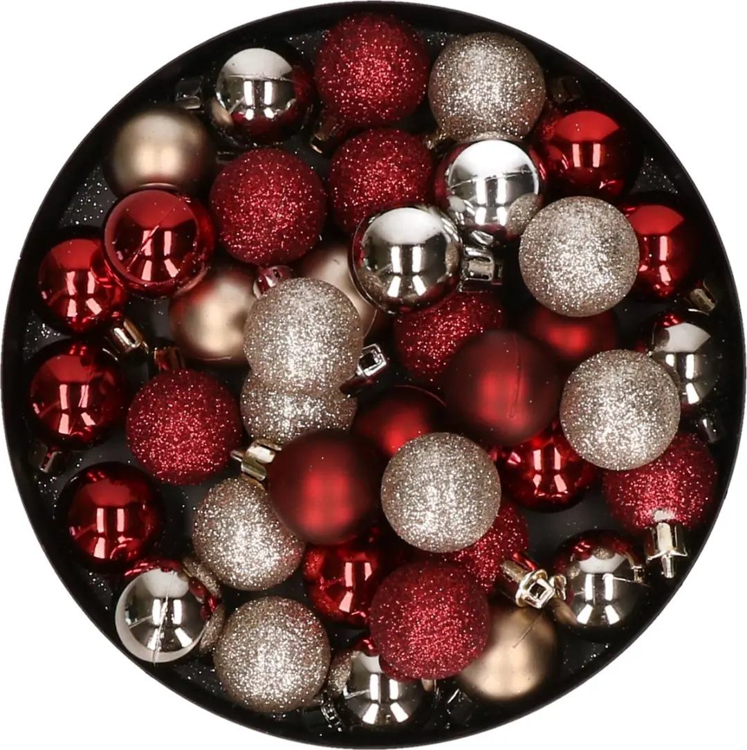 Kleine kunststof kerstversiering 40x stuks set en 3 cm kerstballen in het donker
