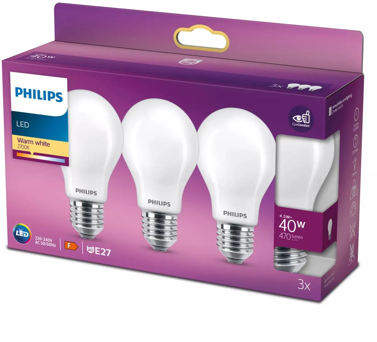 Philips LED Lamp Mat E27 4,5W Warmwit - 3 Stuks