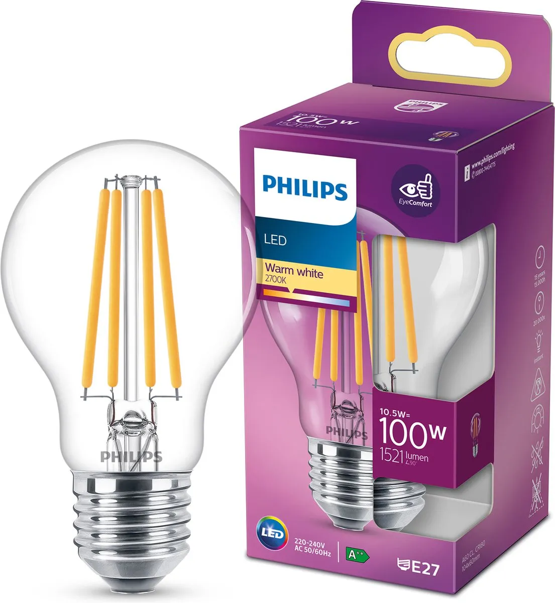 Philips LED Transparante Lamp 10W E27 - Warmwit