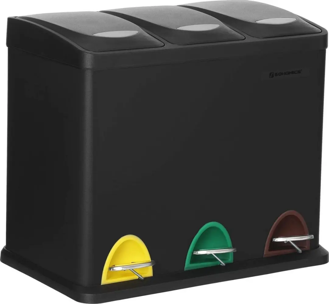 SONGMICS Afvalemmer voor de keuken, 3-in-1 afvalemmer, 24 liter, afvalscheiding, metalen pedaalemmer, afvalscheidingssysteem, robuust, eenvoudig te reinigen, staal, zwart - ltb24bk