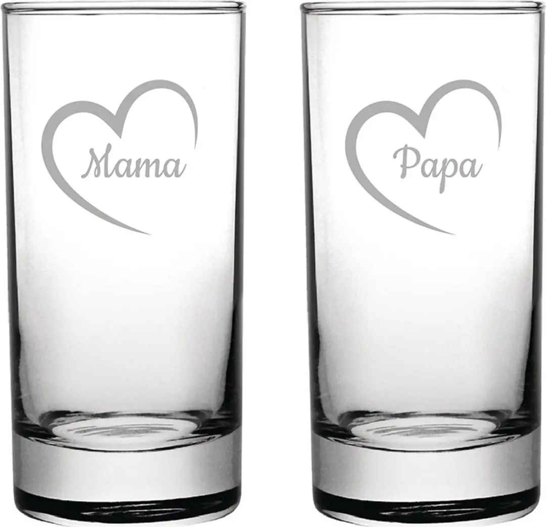 Gegraveerde longdrinkglas 28,5cl Mama met hartje & Papa met hartje