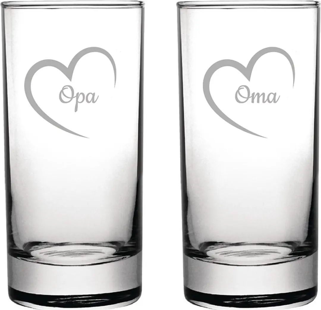 Gegraveerde longdrinkglas 28,5cl Opa met hartje & Oma met hartje