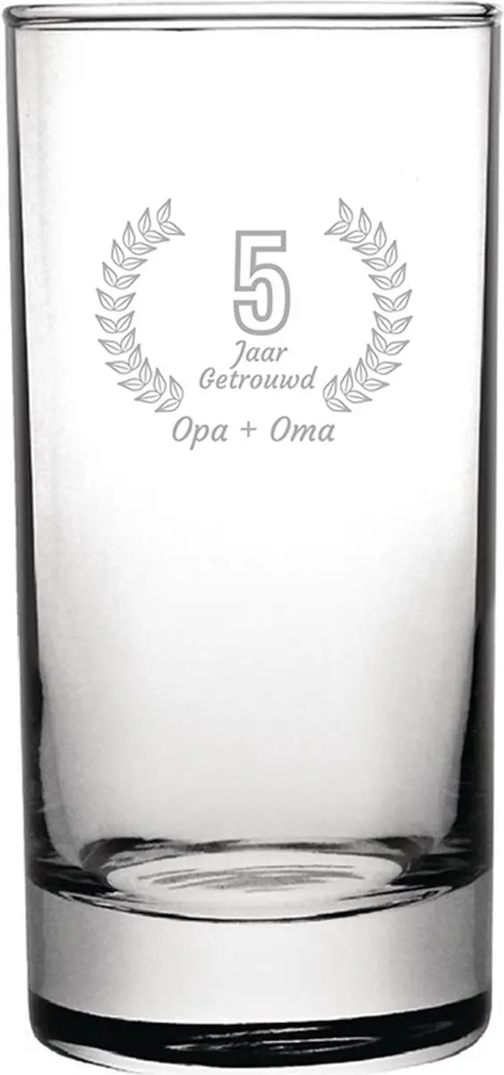 Gegraveerde Longdrinkglas 28,5cl Opa + Oma 5 jaar getrouwd