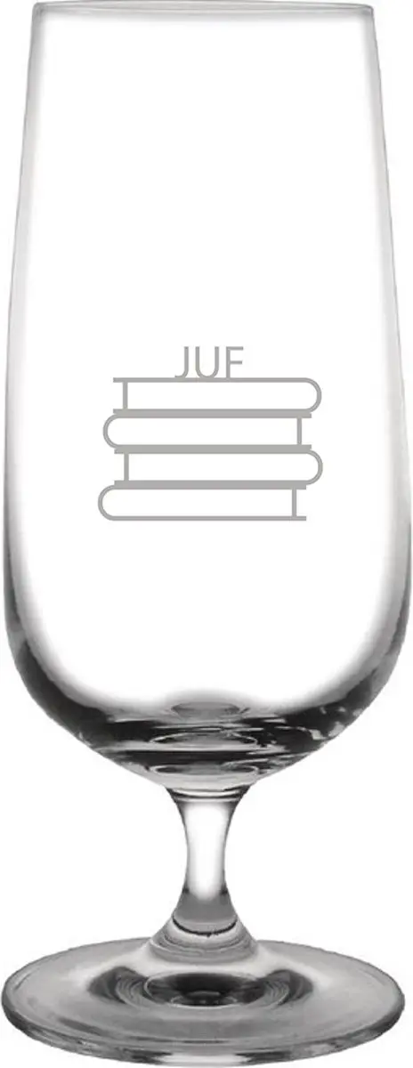Gegraveerde bierglas op voet 41cl Juf met boeken