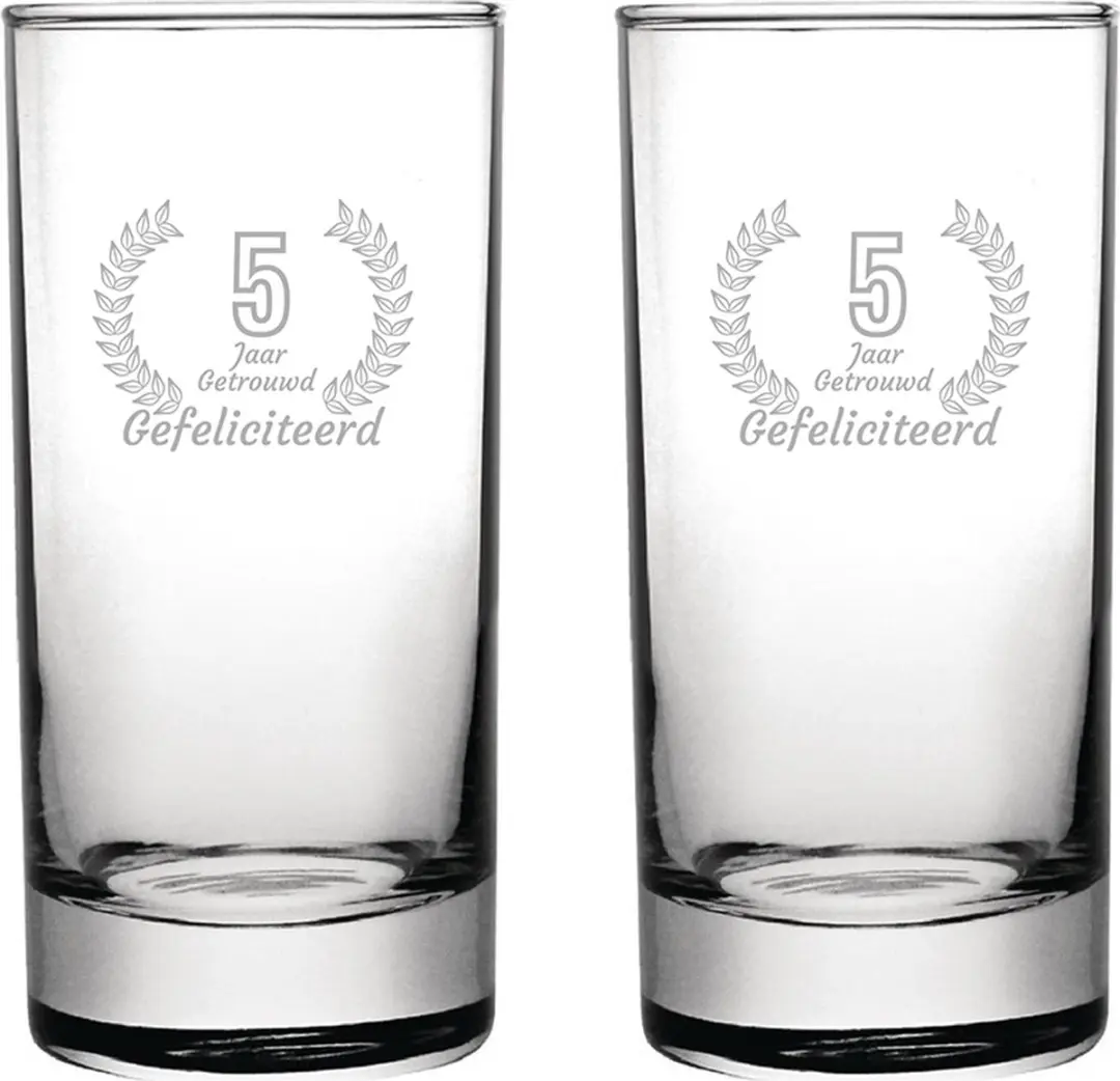 Gegraveerde set Longdrinkglazen 28,5cl Gefeliciteerd 5 jaar getrouwd
