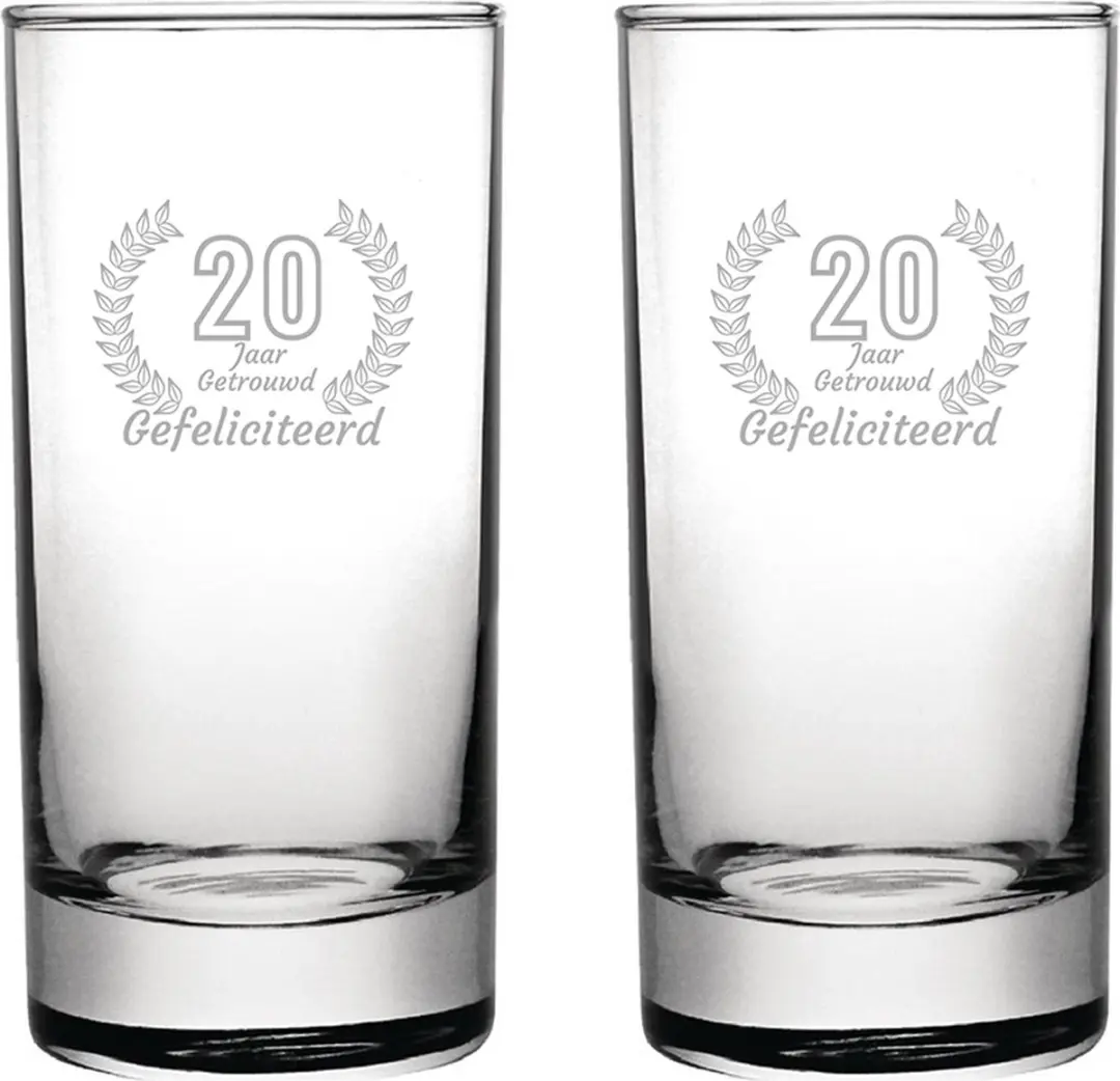 Gegraveerde set Longdrinkglazen 28,5cl Gefeliciteerd 20 jaar getrouwd