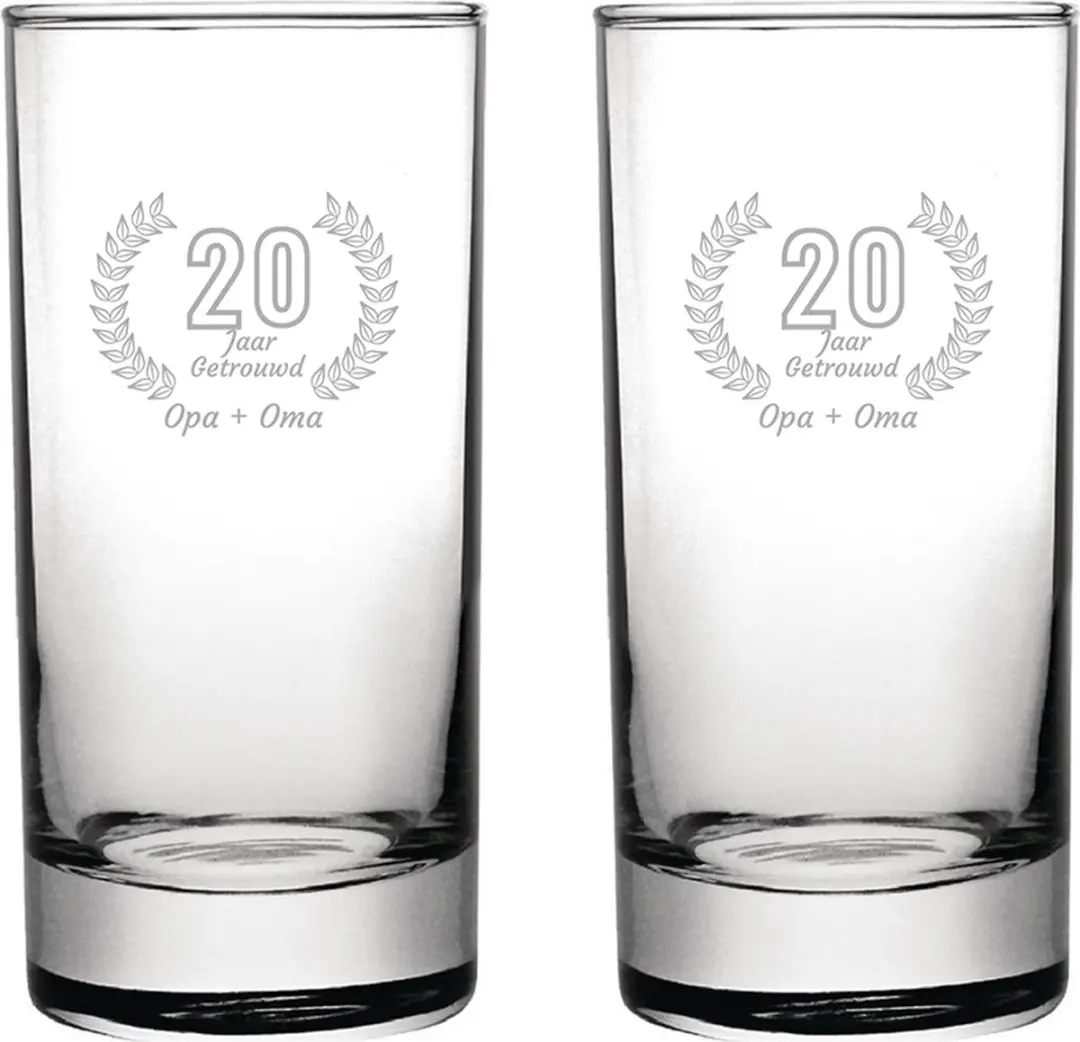 Gegraveerde set Longdrinkglazen 28,5cl Opa + Oma 20 jaar getrouwd