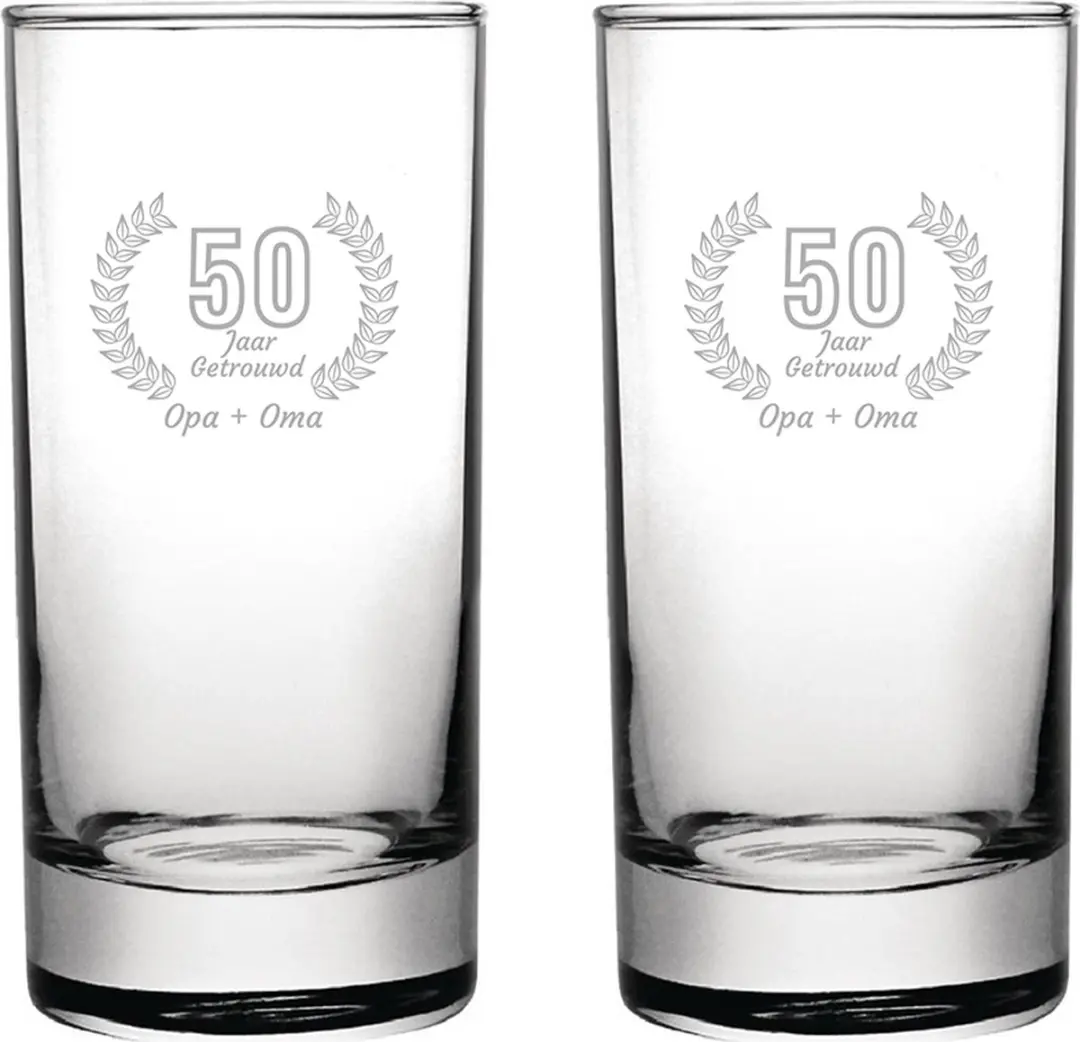 Gegraveerde set Longdrinkglazen 28,5cl Opa + Oma 50 jaar getrouwd