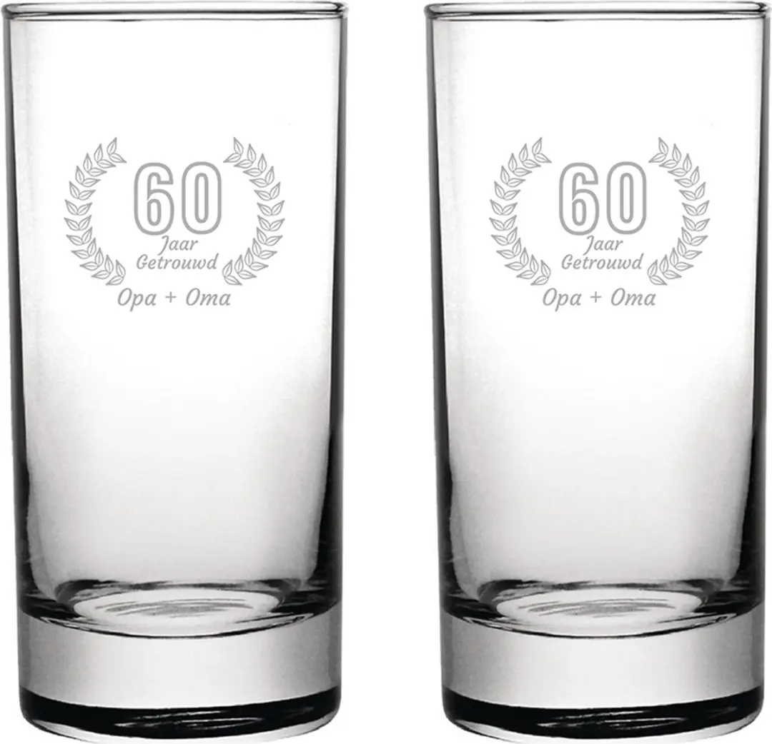 Gegraveerde set Longdrinkglazen 28,5cl Opa + Oma 60 jaar getrouwd