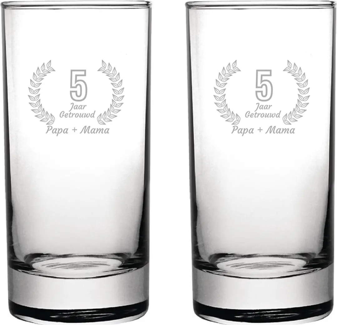 Gegraveerde set Longdrinkglazen 28,5cl Papa + Mama 5 jaar getrouwd
