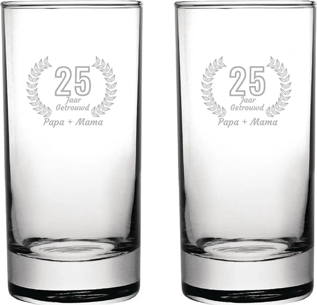 Gegraveerde set Longdrinkglazen 28,5cl Papa + Mama 25 jaar getrouwd