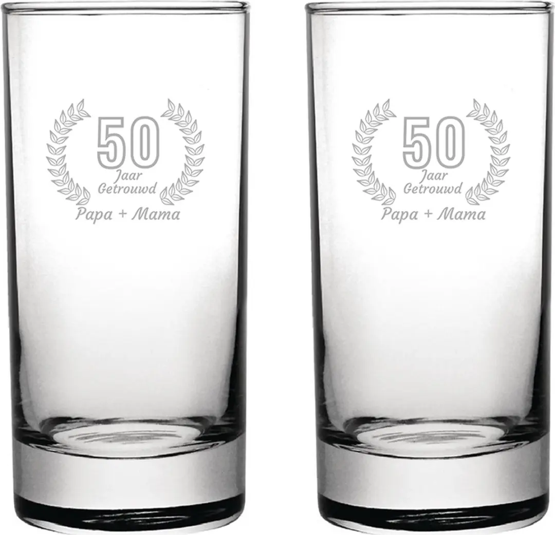 Gegraveerde set Longdrinkglazen 28,5cl Papa + Mama 50 jaar getrouwd
