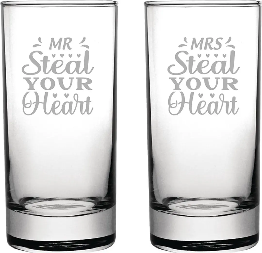 Gegraveerde set longdrinkglazen 28,5cl Mr. Steal your heart