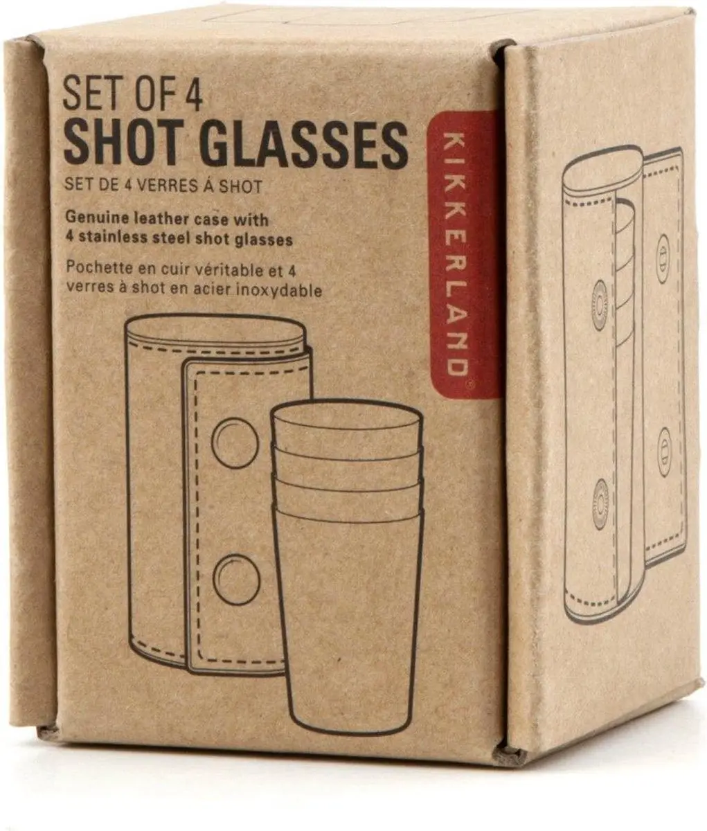 Kikkerland Shotglazen Set 4-delig - Roestvrij staal - Inclusief leren hoes - afbeelding 3 van 6