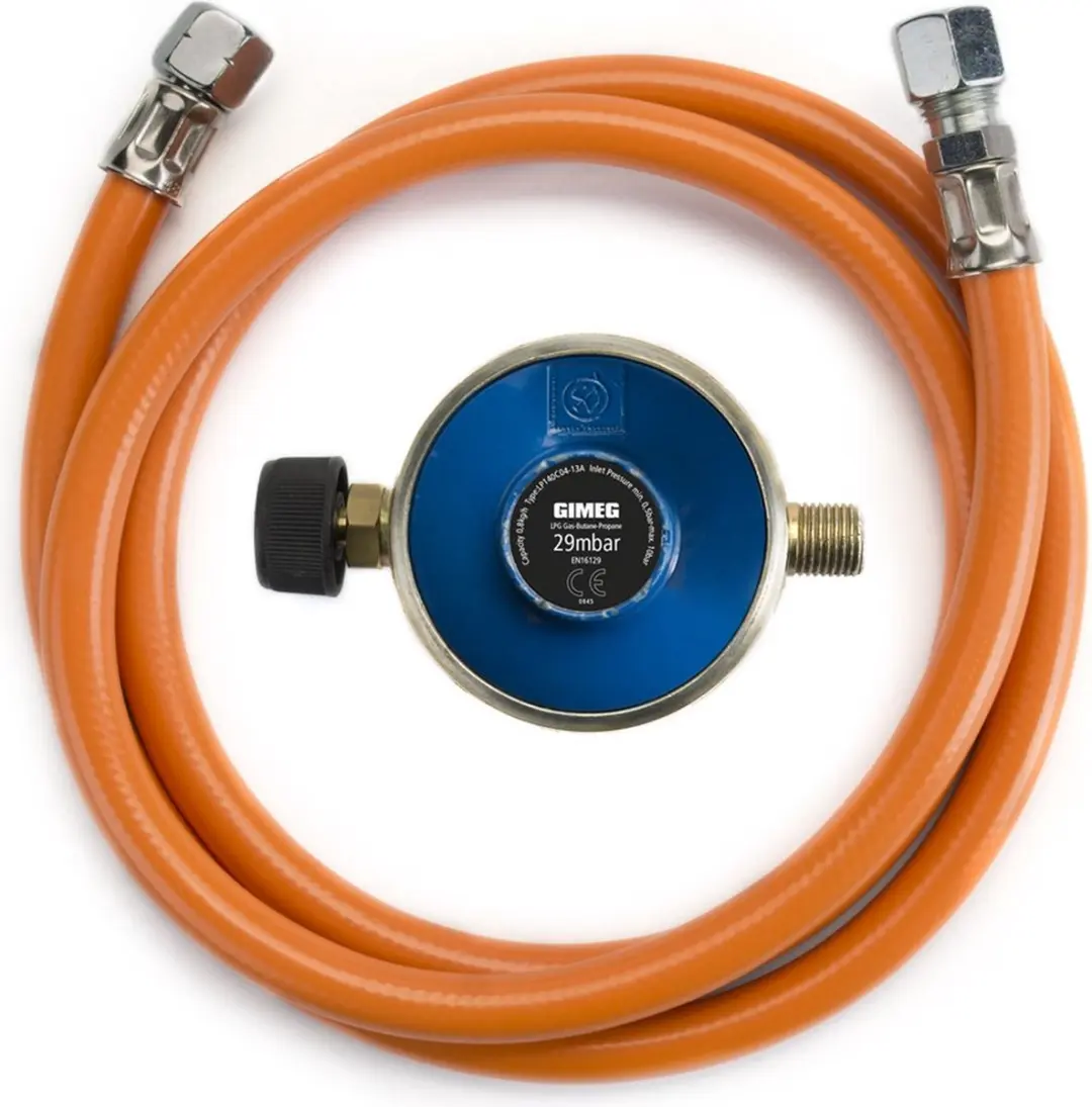 Gimeg gasdrukregelaarset Campingaz 29 mbar Campingaz X 1/4 inch links (150 cm)